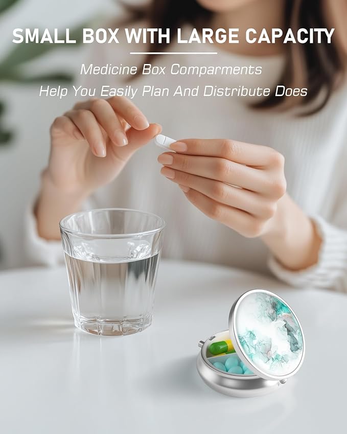 Pill Box, 3 Compartment Portable Travel Medicine Box with Mirror, Compact and Cute, Fits in Purse and Pocket, Medicine and Vitamin Organizer (Green White Marble)