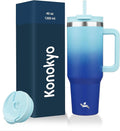 40 oz Tumbler with Handle and 2 Straws,2 in 1 Lid Insulated Water Bottle Stainless Steel Travel Coffee Mug,Sky