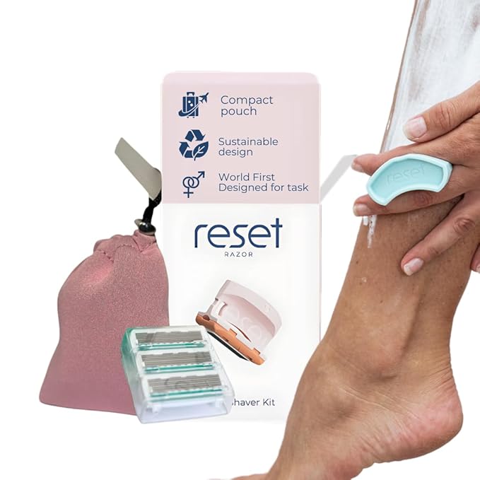 Reset Razor – Travel Razor for men and women who body shave | Compact, Refillable 6-Blade Body Shaver with Neoprene Travel Pouch, 3 Refills & Hanging Tie | Eco-Friendly Razor Kit – Dawn Tangerine