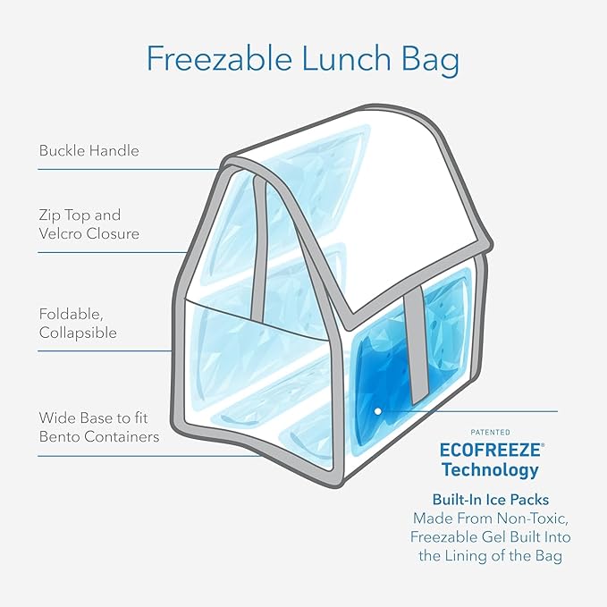 Packit® Freezable Lunch Bag, Black Grid, Built with ECOFREEZE® Technology, Foldable, Reusable, Zip and Velcro Closure with Buckle Handle, Designed for Work Lunch and Fresh Lunch On the Go