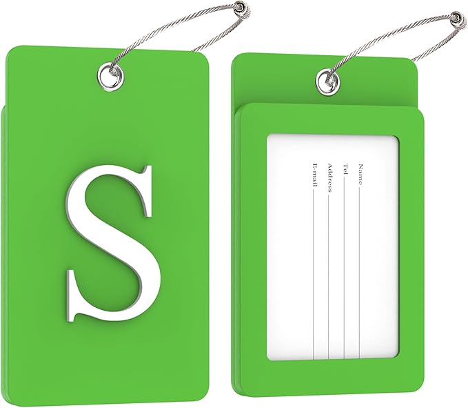 Gostwo 2 Pack Luggage Tags for Suitcases, 26 Initial Letter Travel Luggage Baggage Identification Labels ID Tag Fully Bendable Tags with Stainless Steel Loop (Green) (Letter S)