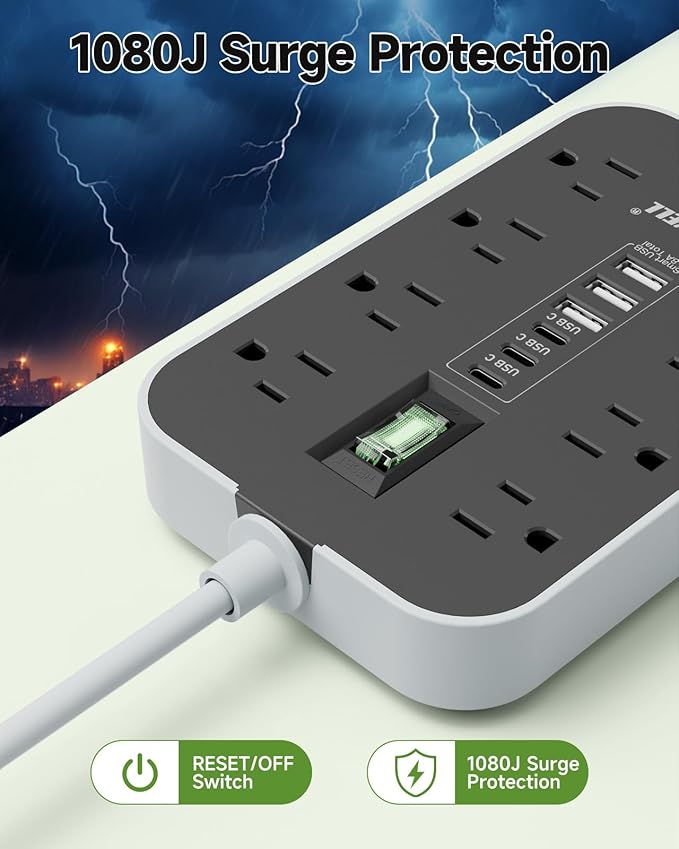 Appliance Power Strip- 14 Guage Heavy Duty Extension Cord, 24in, 8 AC Outlet& 6 USB Ports 4.8A USB Charging Station, 1080J, High Wattage for Microwave, Conditioner, Kitchen, Garage Essentials.
