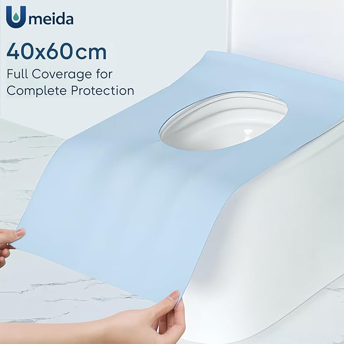 50 Count Disposable Toilet Seat Covers with Secure Adhesive Tabs for a Non-Slip Fit - XL Extra Large, Waterproof, Individually Wrapped for Travel, Kids, Adults, and Public Restrooms