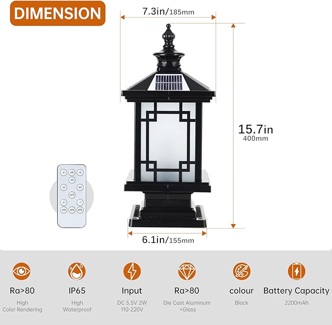 LED Solar Post Light Outdoor, Aluminum Fence Post Cap Lamp Remote Control Dimmable Pillar Lights Solar IP65 Waterproof Column Light, 15.7" X 7.3" Pillar Pedestal Lantern for Garden Yard