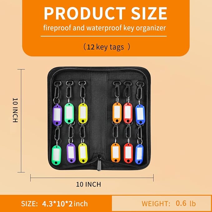 Sdstone Portable Zippered Key Organizer, Fireproof Key Case with 12 Key Hooks and Tags,Waterproof Portable Key Storage for Rental Management Real Estate Sales Hotel Executives and Car Service