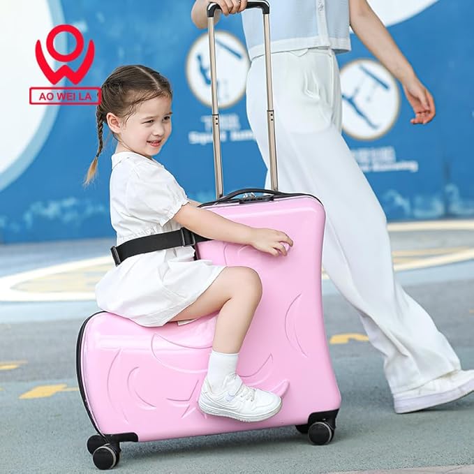Hardside Ride on Kids Luggage with 4 Spinner Wheels for Girls and Boys,Rolling Childrens Travel Suitcase with Seat and Safety Belt for Toddler Ages 2-6,Verify Carry-on policy 21 Inch Pink