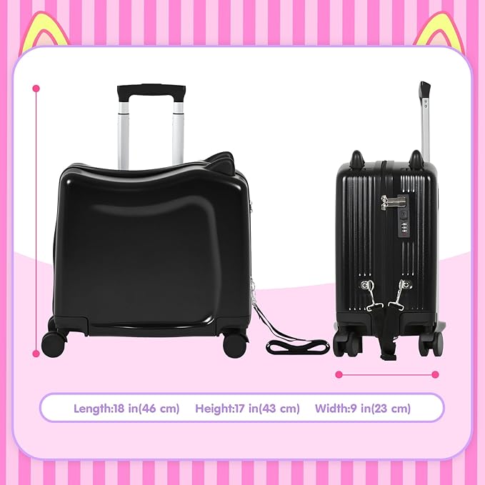 smilesun 20" Ride-On Travel Suitcase for Kids, Cute Ear Toddler Carry on Luggage with Spinner Wheels, Children Rolling Trolly Luggage with Combination Lock (Coal Black with Rope)