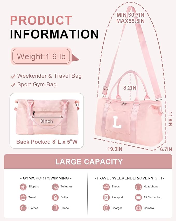Initial Travel Duffel Bag Sports Gym Bag for Girls Teen Birthday Gifts,Pink Personalized Weekender Bag Carry On Tote Bags for Women Men,Waterproof Overnight Luggage Bag with Trolley Sleeve(Letter L)