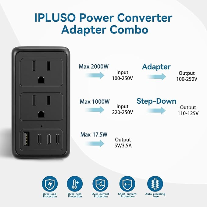 Upgraded 2000W 220V to 110V Voltage Converter US to Europe, Power Converter European Travel Converter for Hair Dryer, Power Converter Adapter Combo with 3 Type C 1 USB A for 160 Countries (1U3C)