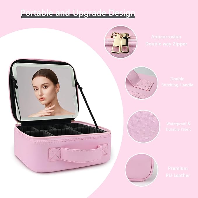 Makeup Bag with Led Mirror,Travel Makeup Organizer with 3 Color Setting, Portable Storage and Adjustable Dividers Travel Makeup Bag(Light Pink)