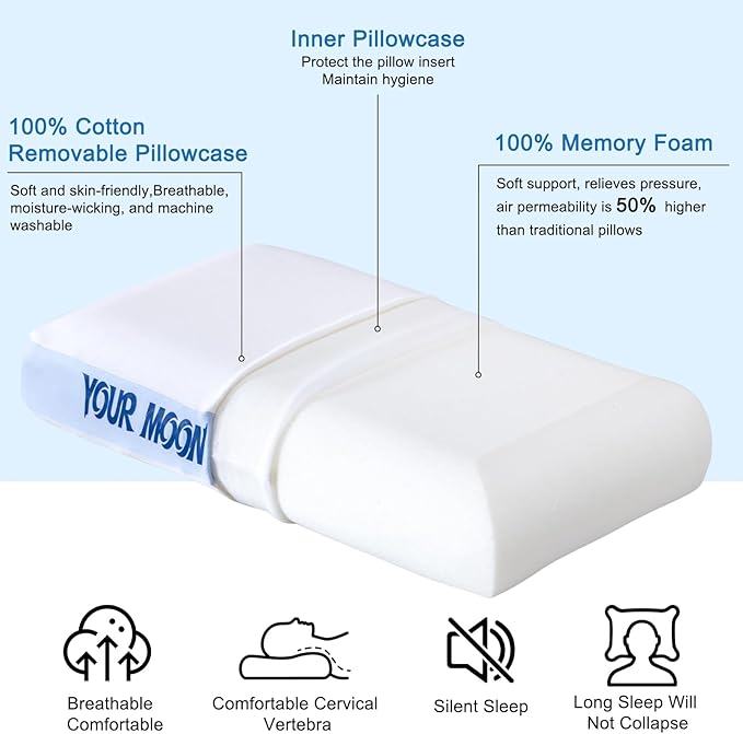 YOUR MOON Memory Foam Travel Pillow, Pure Cotton Cover, Compressible Camping Pillow for Sleeping, Portable Backpacking Support Pillows for Hiking, Car & Airplane (White Blue)