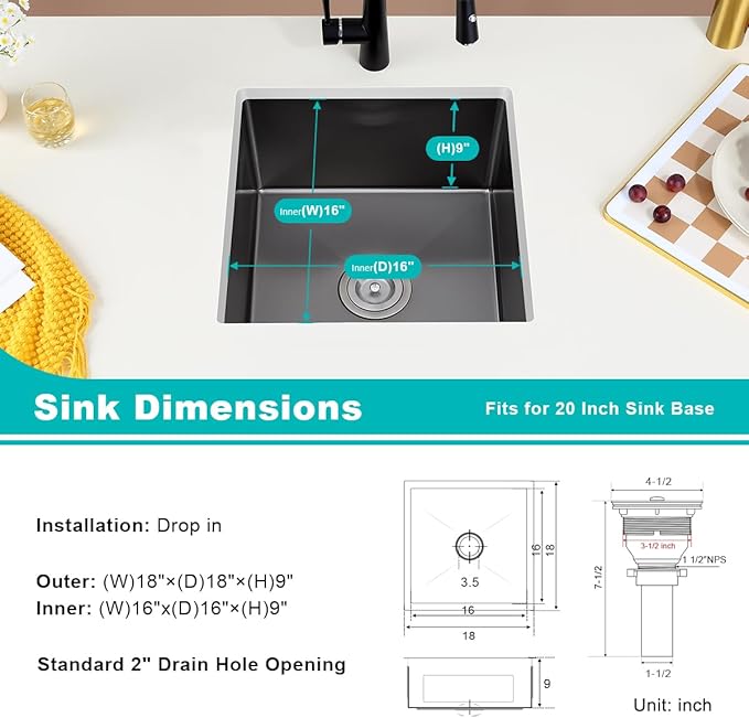 Black 18 inch Undermount Kitchen Sink - TSIBOMU 18 Gauge Stainless Steel 9" Deep Single Bowl Basin Undermount Kitchen Bar Sink, D18"xW18"xH9"