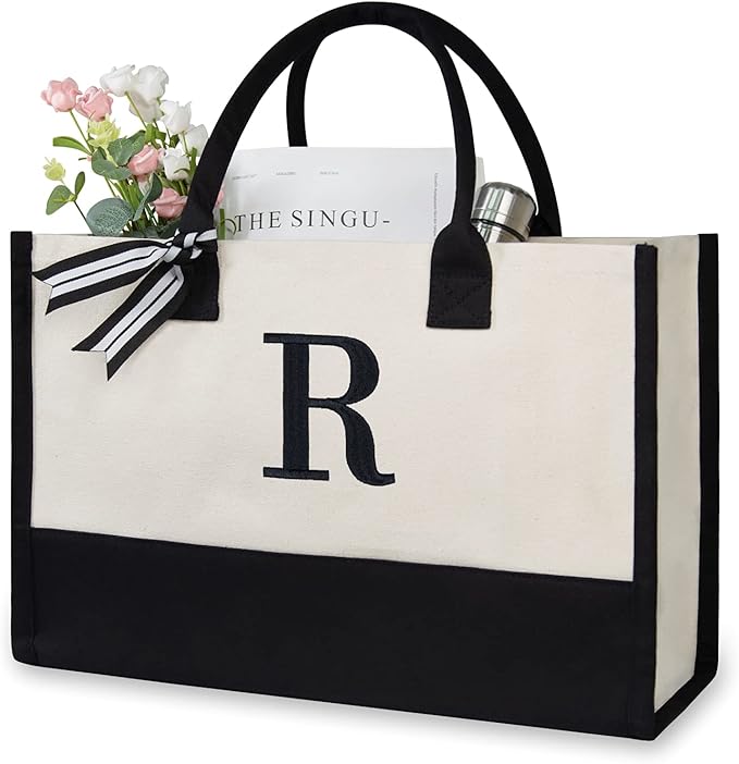 TOPDesign Embroidery Initial Canvas Tote Bag, Personalized Present Bag, Suitable for Wedding, Birthday, Beach, Holiday, is a Great Gift for Women, Mom, Teachers, Friends, Bridesmaids (Letter R)