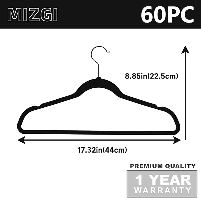 MIZGI Premium Velvet Hangers (60 Pack) Heavy Duty - Non Slip Felt Hangers- Velvet Suit Hanger Black - Black Coated Hooks,Space Saving Clothes Hangers