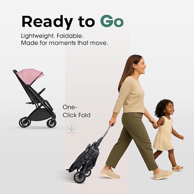 newyoo Baby Travel Stroller, Compact & Airplane-Friendly, Lightweight Infant/Toddler Stroller w Telescoping Handle, Cup Holder & Storage Pocket, One-Hand Easy Fold, Near Flat Recline Seat, TR18, Pink