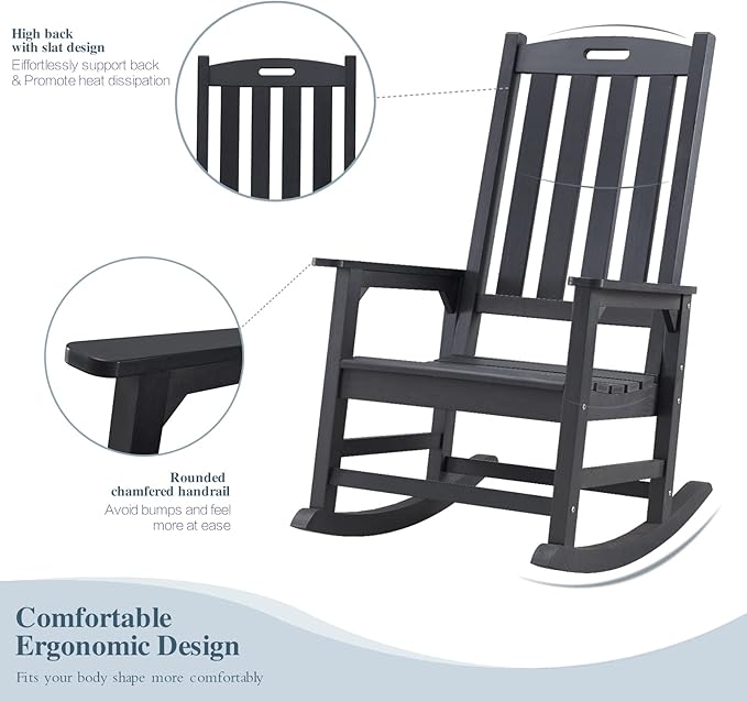 Psilvam Oversized Outdoor Rocking Chair, with 21" Wide Seat and 32" Tall Backrest, Pre-Assembled with Most Components for Effortless Installation (Carbon Black)
