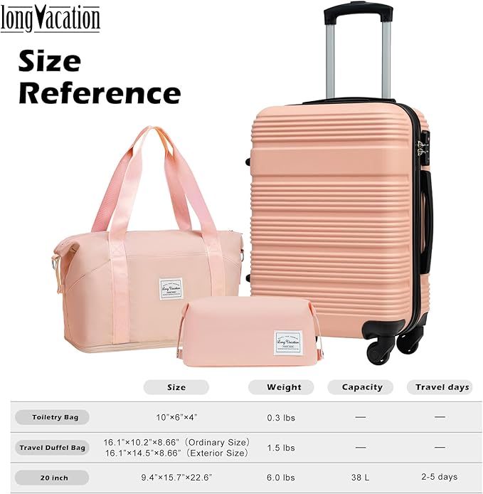 LONG VACATION 3 Piece Carry On Luggage 20 Inch Suitcase with Spinner Wheels, ABS+PC Hardshell Suitcase set with TSA Lock & YKK Zipper