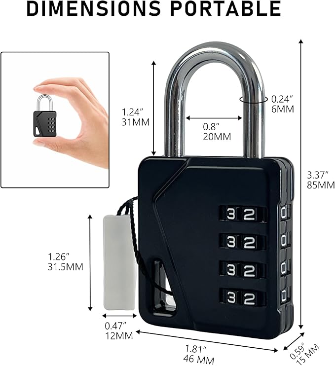 LAFENLIN 4 Pack Combination Locks, Locker Locks with Writable Tag, 4 Digit Padlock for Cases, Gym, Backpack, Backyard Gate, Fence, Hasp, Indoor, Outdoor Gate Lock, Weatherproof (Black - NO Key)