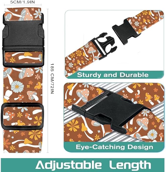 Luggage Straps for Suitcases Travel Belt Accessories, Cute Suitcase Strap, Adjustable Luggage Belt Strap, Heavy Duty with Quick-Release Buckle Luggage Strap Cute Boho Mushrooms