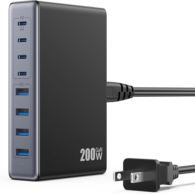 200W USB C Charger Block,GaN IV Charging Station 8 Ports,QC4.0 Fast Charging Station Hub+PD 65W USB C Laptop Charger Adapter Compatible with MacBook Air/Pro,DELL,iPhone 16/15,iPad,Steam Deck-Black