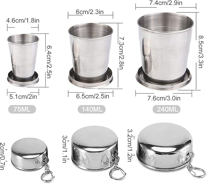 Guyuyii 3-Pack Collapsible Cups with Lid and Keychain – Stainless Steel Foldable Drinkware for Travel, Outdoor Activities, Home Use, Camping, Work, Events, Daily Hydration, and Amusement Parks