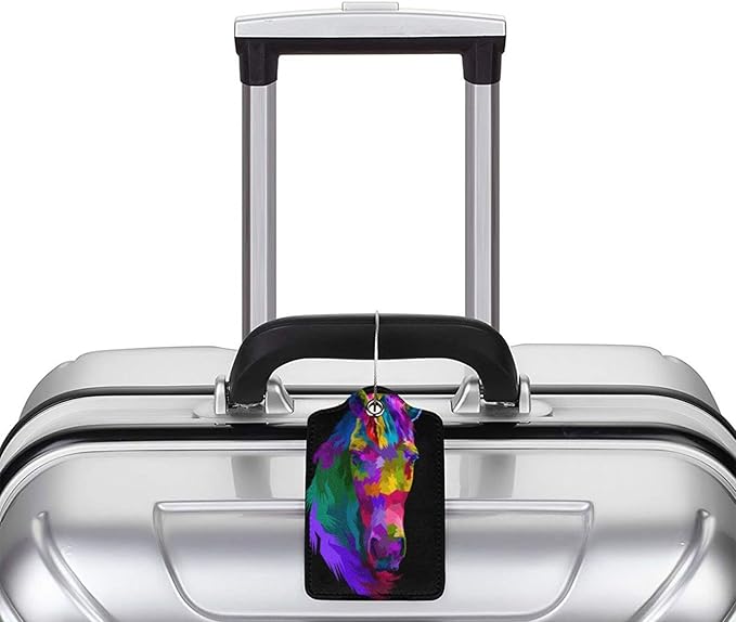 Colorful Rainbow Horse Luggage Tag with Full Back Privacy Name ID Card Suitcase Labels Identifiers PU Leather Baggage Tags Luggage for Women Men Kids Girls Travel