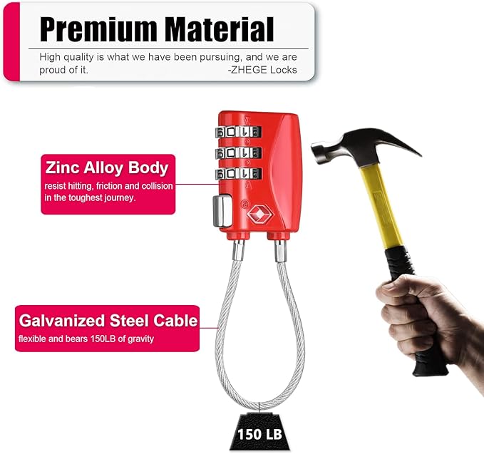 ZHEGE Luggage Lock TSA Approved 3 Dight Combination Padlock for Suitcase, Baggage, Backpack, Pistol Case (Red)