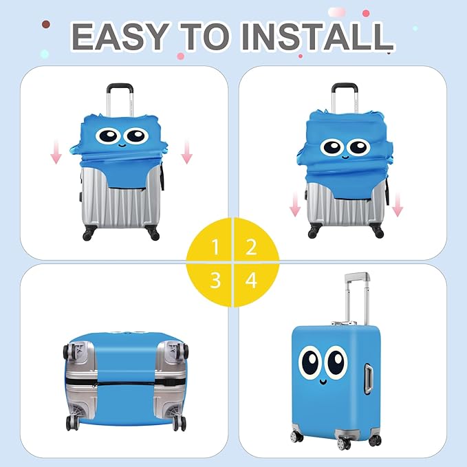 ANNA QUEEN Cute Smiley Face Luggage Cover, Blue Cartoon Suitcase Protector with Big Eyes Design, Stretchable, Washable Travel Cover for 24-26 Inch Luggage