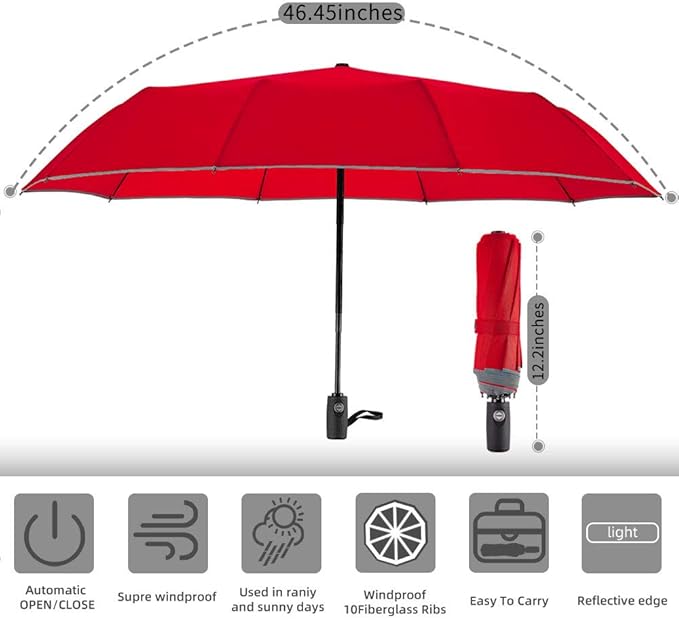 FDJASGY Windproof Travel Umbrella with Teflon Coating Auto Open Close Lightweight Sun&Rain Umbrella with 10 Rib Construction and Reflective Stripe Zipper Pouch