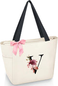 Vavabox Tote Bag, A-Z Initial Monogrammed Waterproof Tote Bag, Bridesmaid Gifts for Women, Black and Pink