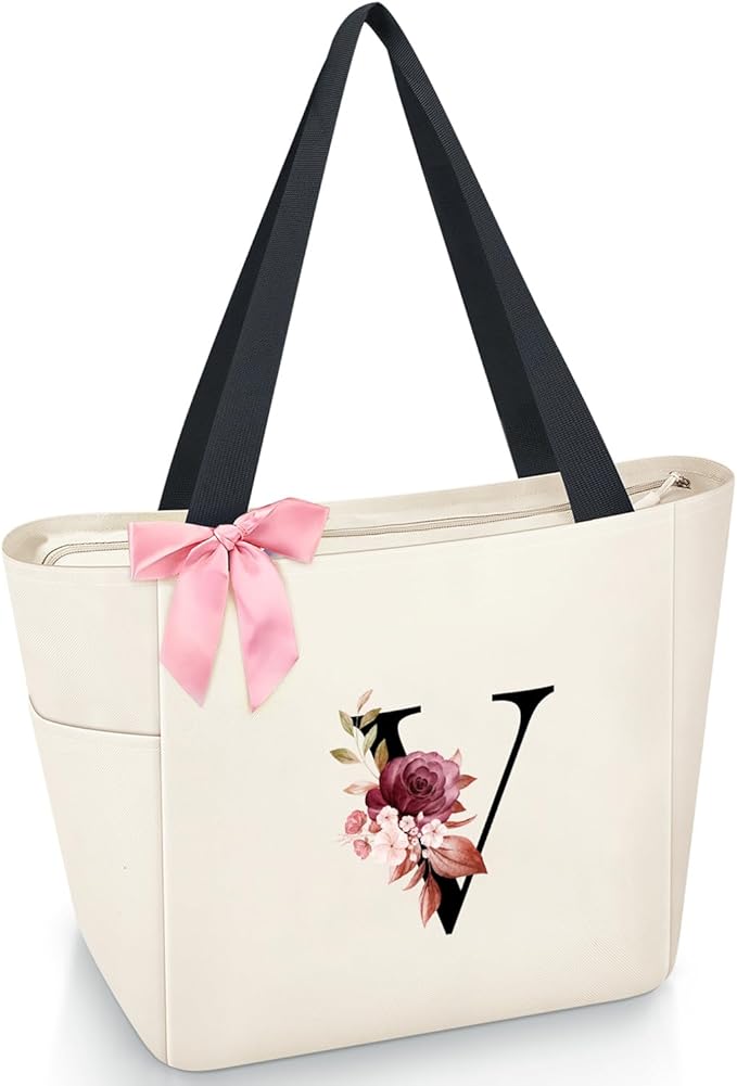 Vavabox Tote Bag, A-Z Initial Monogrammed Waterproof Tote Bag, Bridesmaid Gifts for Women, Black and Pink