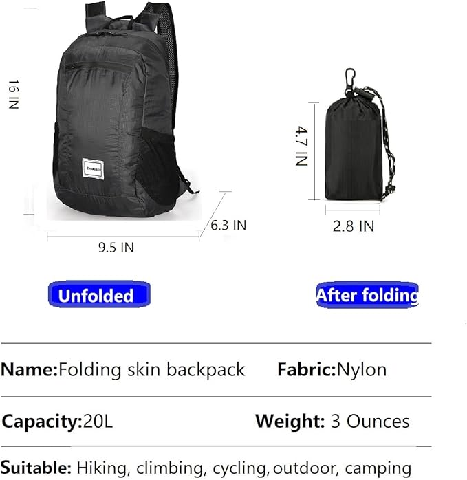 Small Foldable Hiking Daypack Packble Skin Casual Backpack Camping Cycling Travel Outdoor Day Bags Useful (Black)