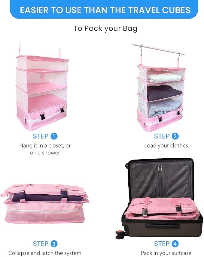 Grand Fusion Stow-N-Go Travel Luggage Organizer – Portable Hanging Travel Shelves, Carry-On Closet Organizer, Hanging Packing Cubes, Collapsible Carry-On Organizer for Cruises & Hotels. Pink - XL
