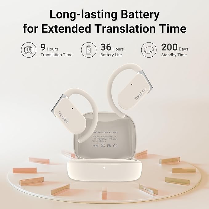 M9 Language Translator Earbuds Open-Ear Headphones Support 144 Languages & Accents Translation Earbuds Real Time Translator Device, Snug Fit, Ergonomic Ear Hooks Beige (Without Offline Package)