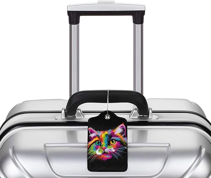 Cat Leather Luggage Tag with Stainless Steel Ring, Fun Name Id Card Cover Travel Bag Tag Set, Suitable for Travel Bag Luggage Women Men 1 PCS