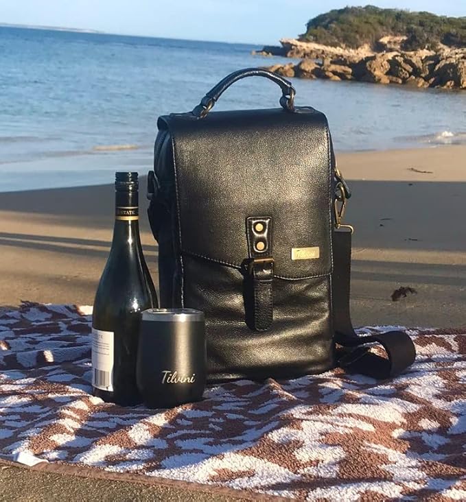 Leather Wine Bag & Wine Tumblers Set. Wine Gifts For Men Birthday. Leather Wine Carrier. Unique Insulated Cooler Bag Bottle Carrier. Wine Tote Bags For Travel Beach. Wine Lovers Picnic Idea