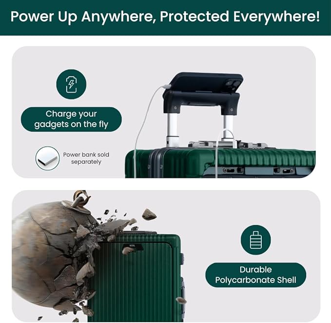 NOBL Travel Carry On Luggage, Noble Zipperless Aluminum Frame PC Hard Shell Suitcase, 20.8x15x8.7 Airline Approved, 360° Spinner Wheels, TSA Locks, USB Charging Port, Cup & Phone Holder - Forest Green