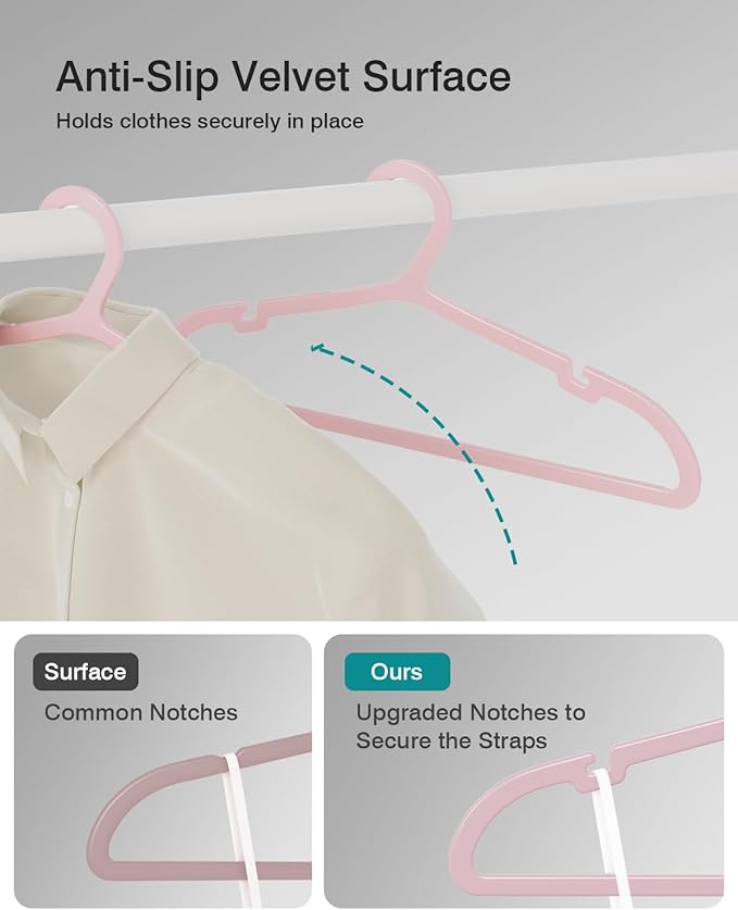 50 Pack Clothes Hangers, Non Slip Plastic Coat Hangers, Space Saving Hangers, Heavy Duty, Hanging Dry Wet Clothes, 16.4" x 8.3", Light Pink, UAPY0550P