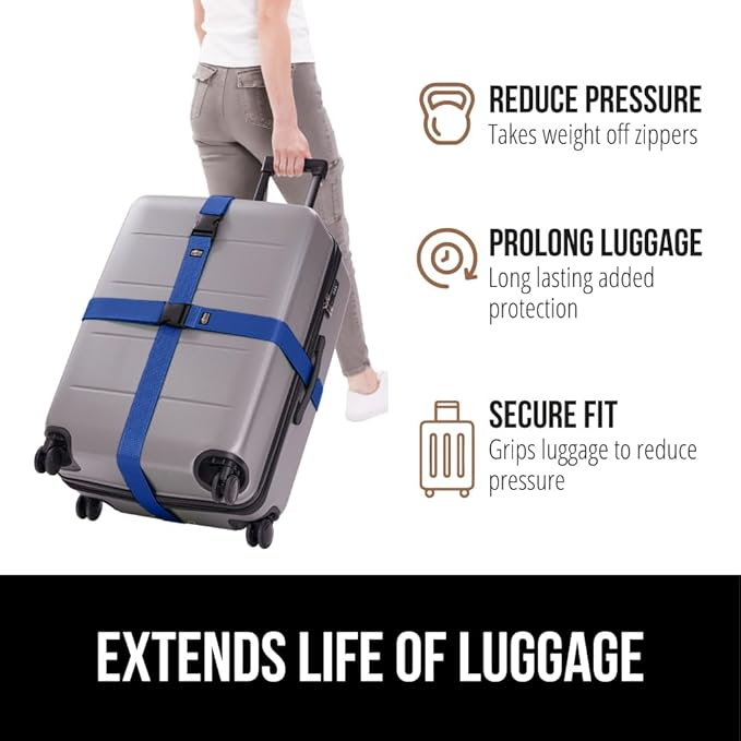 GORILLA GRIP Heavy Duty Adjustable Luggage Straps for Suitcases, Easy to Identify Travel Belt Connector Holds Suitcase Together, Extends Life of Bag, Strap Connects Two Bags, Accessories 2 Pack Blue