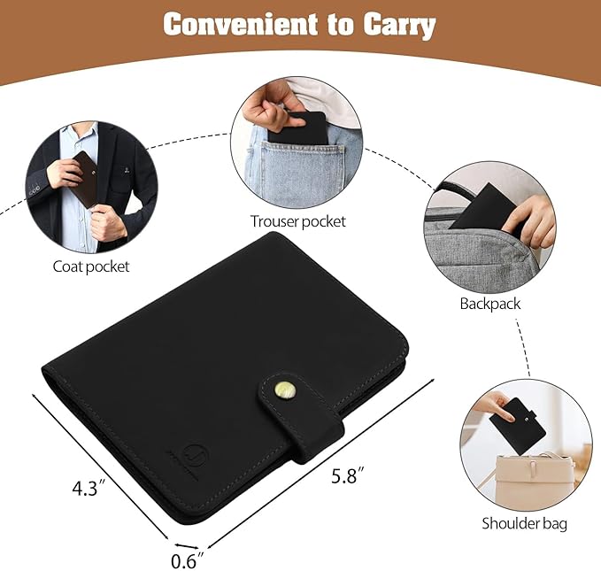 Jack&Chris Genuine Leather Handmade Passport Holder For Travel, RFID Blocking Passport Holder with Card Slots, Travel Essentials wallet with Pen Holder for Women and Men for Gifting, Black