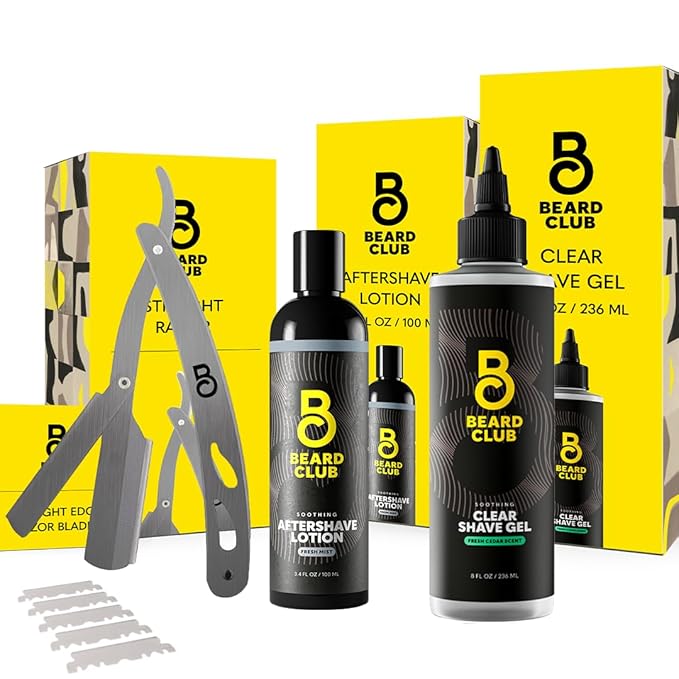 Beard Club Straight Razor for Men, Shaving Gel & Aftershave for Men – Hydrating Mens Shave Cream, Soothing After Shave Lotion & Navajas Para Barbero - Barber Straight Edge Razor Kit - Gift Kit