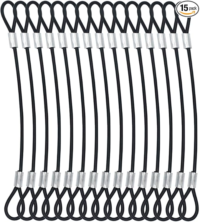15 pcs 7.9 inch (20cm) 3mm Thickness Galvanized Steel Wire Cable with Loops Vinyl Cover Coated Short Rope Lanyard Lock Safety Tether Chains, Black