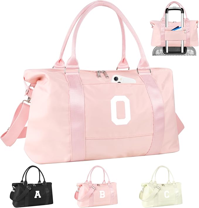 Initial Travel Duffel Bag Sports Gym Bag for Girls Teen Birthday Gifts,Pink Personalized Weekender Bag Carry On Tote Bags for Women Men,Waterproof Overnight Luggage Bag with Trolley Sleeve(Letter O)