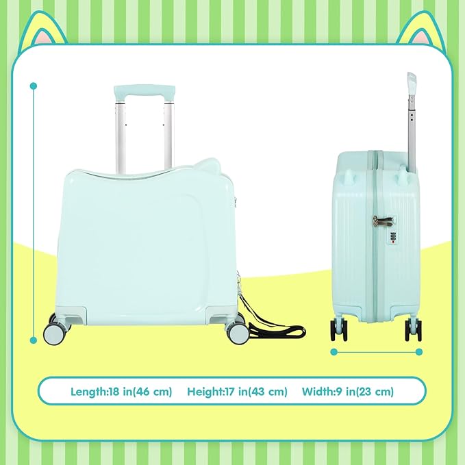 smilesun 20" Ride-On Travel Suitcase for Kids, Cute Ear Toddler Carry on Luggage with Spinner Wheels, Children Rolling Trolly Luggage with Combination Lock (Green with Rope)