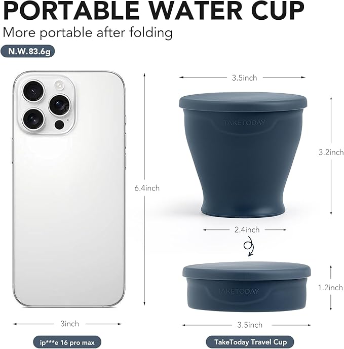 TakeToday Collapsible Travel Cup - Silicone Foldable Water Cup, BPA-Free with Lid & Waterproof Bag - Drinking Cup Set for Camping, Outdoors & International Travel（8 Oz, Navy）