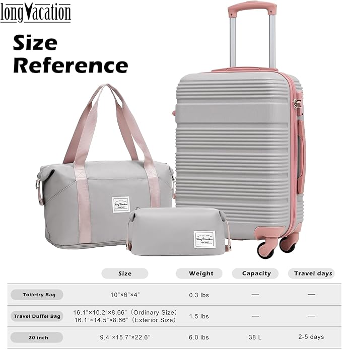 LONG VACATION 3 Piece Carry On Luggage 20 Inch Suitcase with Spinner Wheels, ABS+PC Hardshell Suitcase set with TSA Lock & YKK Zipper