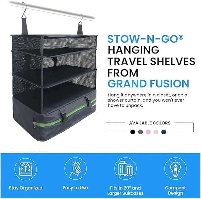 Stow-N-Go Portable Hanging Travel Shelves, Packing Organizer for Luggage. Carry on Closet for Clothes. Expandable Packing Cube. Travel Essentials. Dak Gray - XL