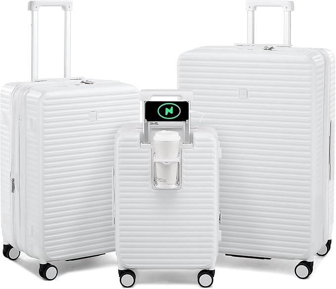 Hard Shell Suitcases Expandable Travel Luggage Sets 3 Piece, Carry on and Check in 3 Piece Luggage Suitcase Sets with Spinner Wheels Cup Holder Charger Built in (White, 20/24/28)