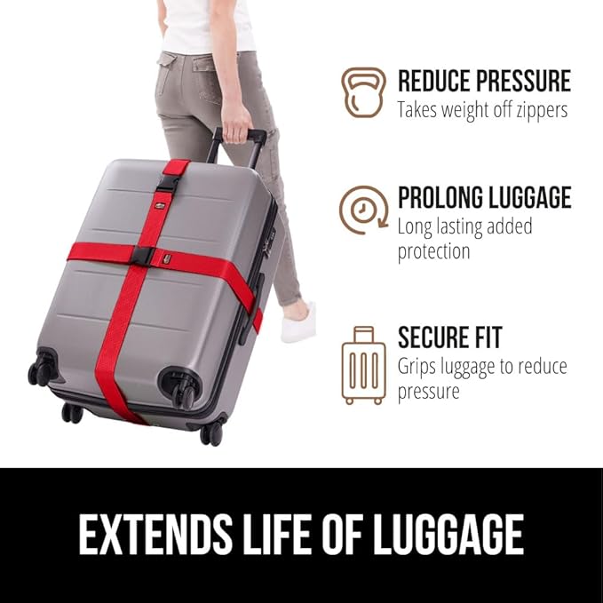 GORILLA GRIP Heavy Duty 4 Pack Adjustable Luggage Straps for Suitcases, Easy to Identify Travel Belt Connector Holds Suitcase Together, Extends Life of Bag, Strap Connects Two Bags, Accessories Red