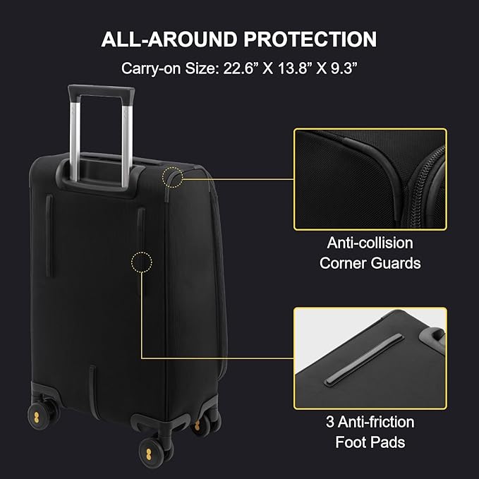 LEVEL8 Carry On Luggage Airline Approved with Compartment, Softside Expandable Rolling Suitcase with Spinner Wheels, Black, Carry-On 20-Inch